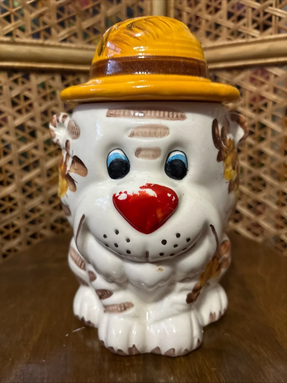 Vintage Ceramic Animal Cookie Jar with Yellow Hat